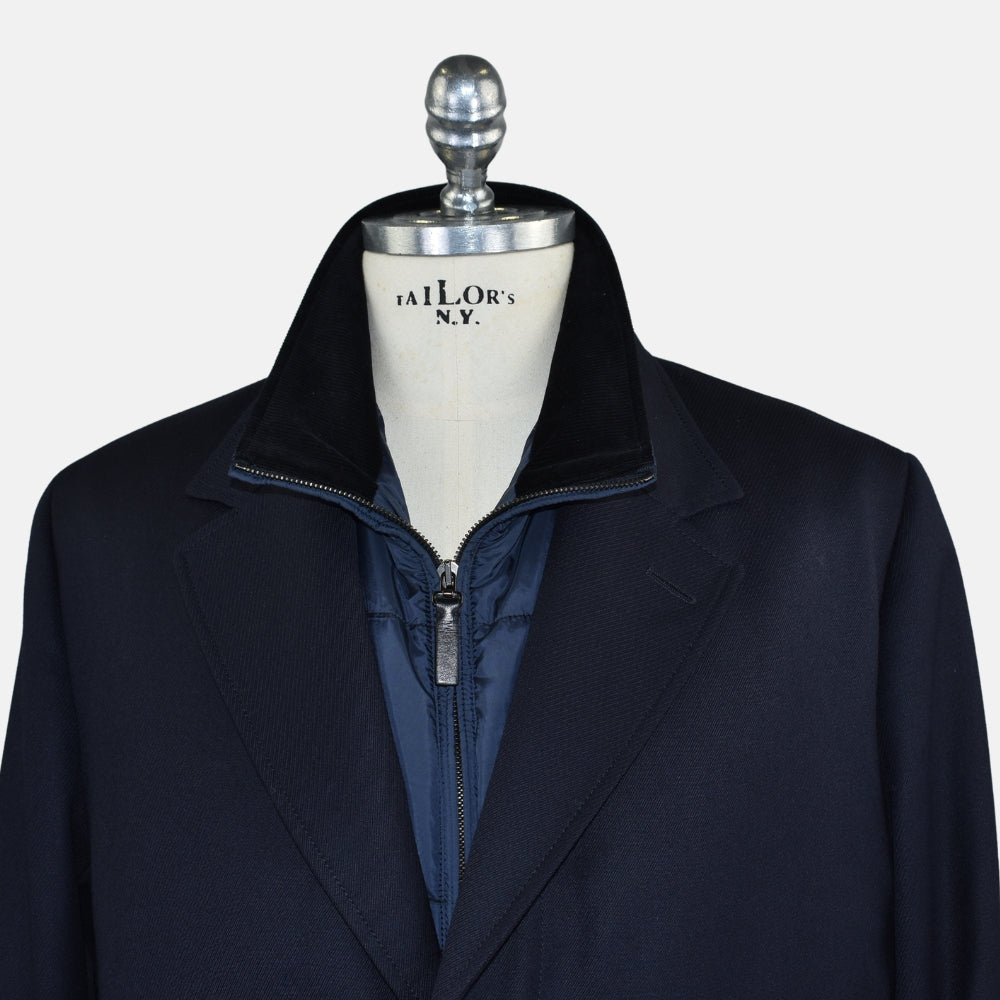 Navy Wool Overcoat with Detachable Quilted Gilet
