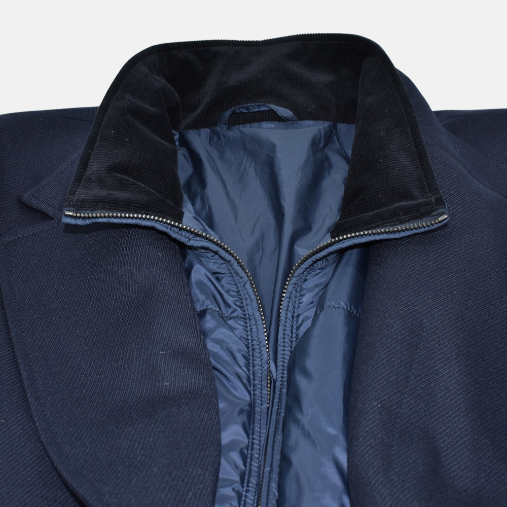 Navy Wool Overcoat with Detachable Quilted Gilet