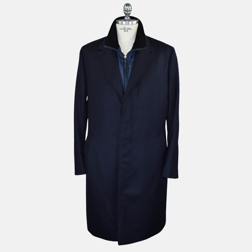 Navy Wool Overcoat with Detachable Quilted Gilet