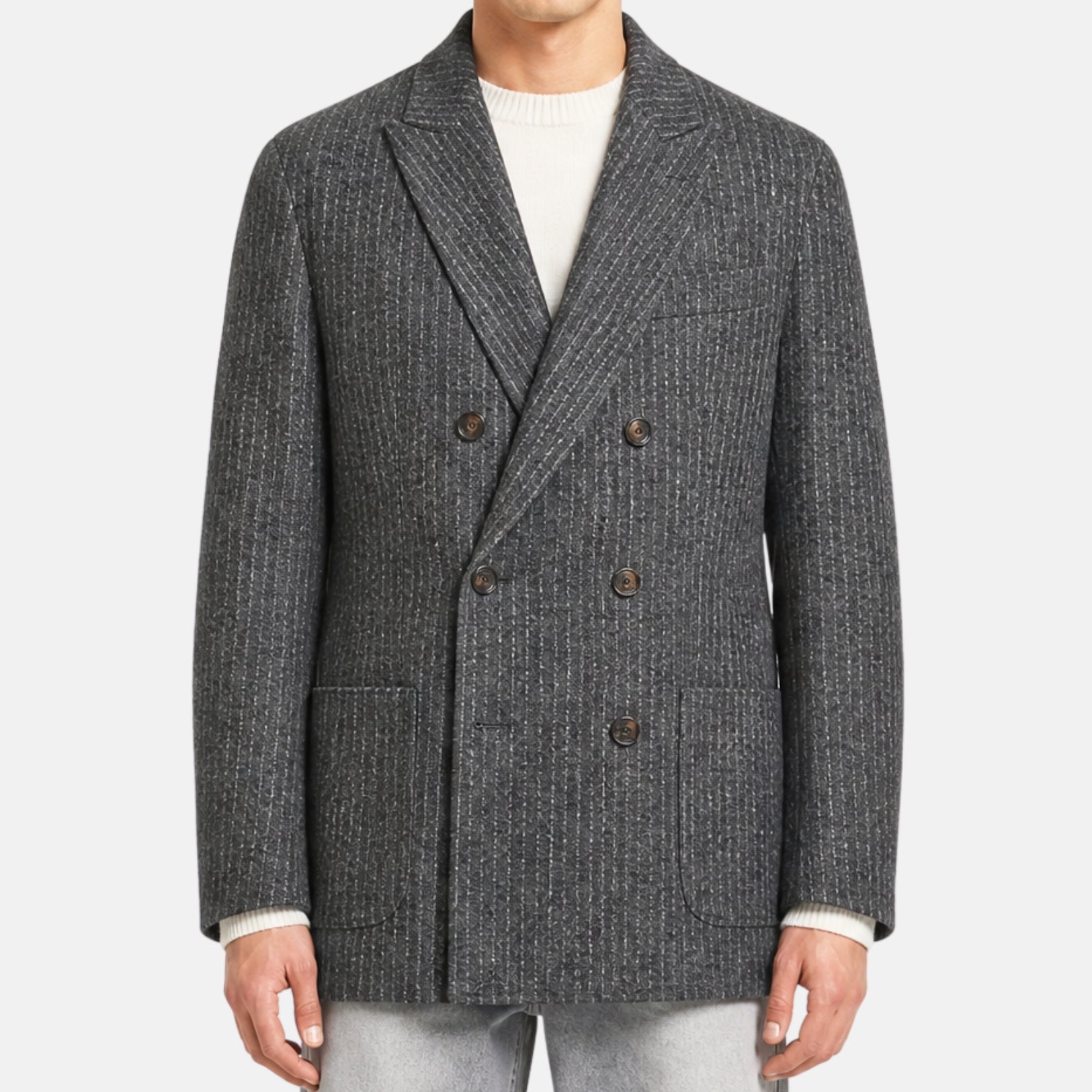 Gray-White Striped Double Breasted Blazer made of Alpaca/Wool/Polyamide/Cashmere (EU 52)