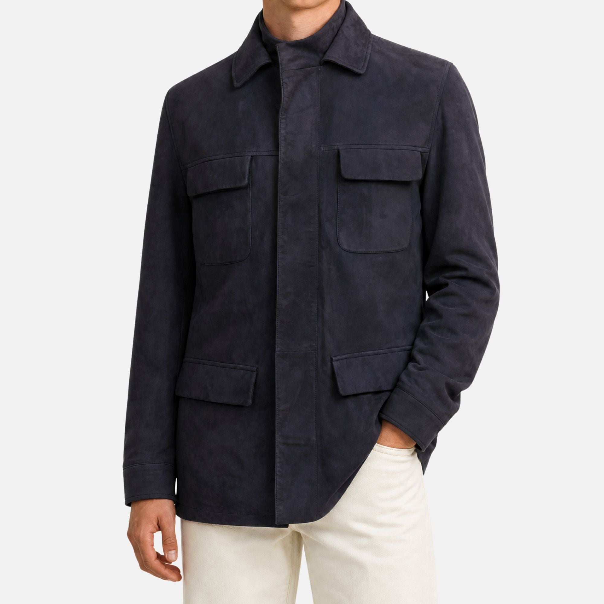 Navy Blue Suede Field Jacket with Cashmere Lining (M)