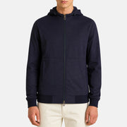 Loro Piana Gift of Kings Weeksville hooded bomber jacket in navy merino wool