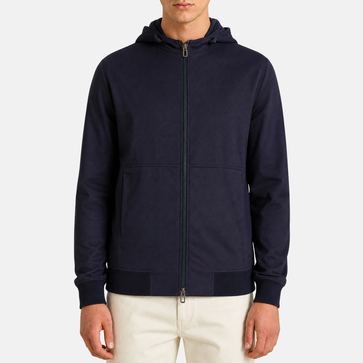 Loro Piana Gift of Kings Weeksville hooded bomber jacket in navy merino wool