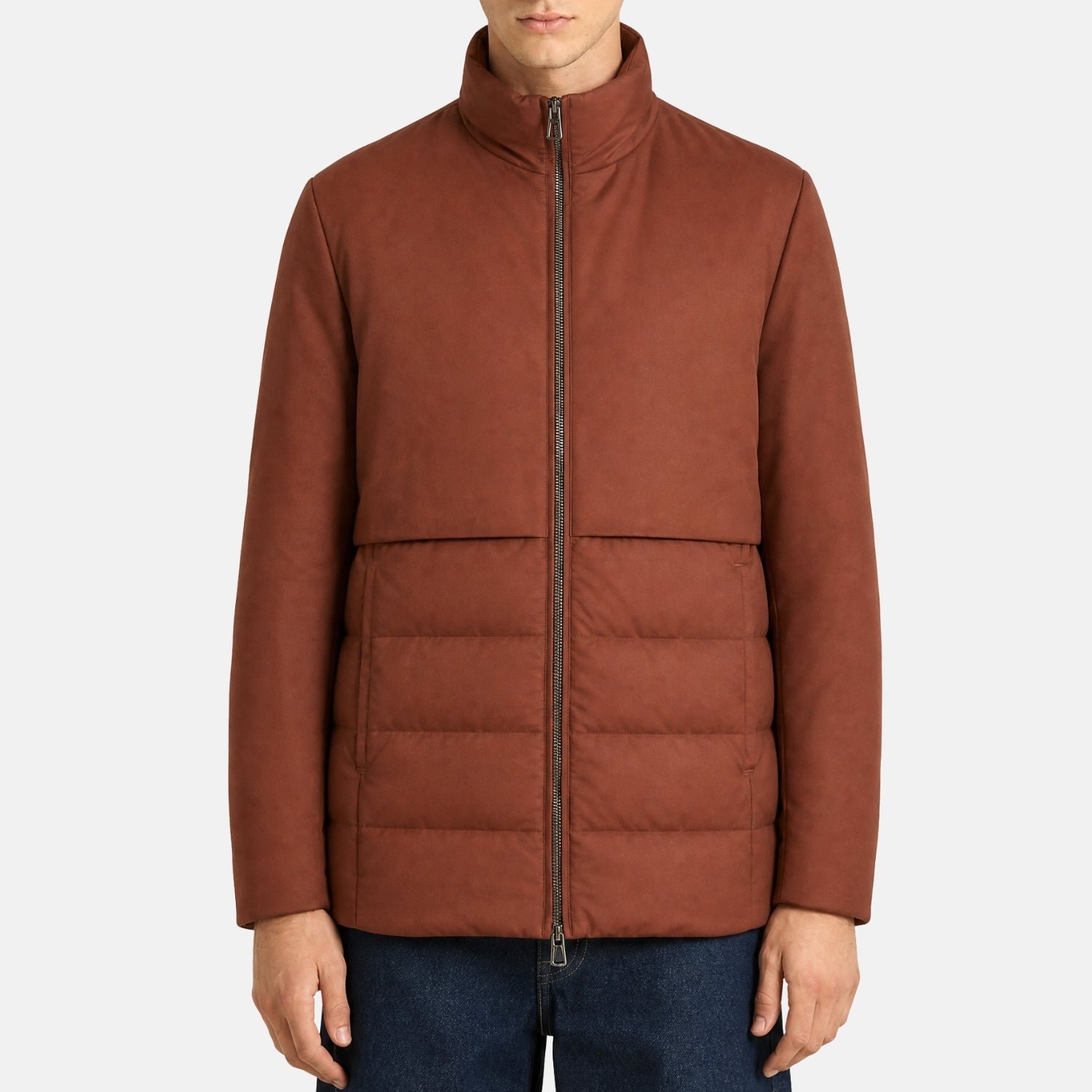 Loro Piana Gift of Kings down jacket in brick, knit merino wool