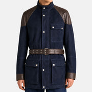 Brunello Cucinelli Suede Shearling Belted Field Jacket Navy Brown (M)