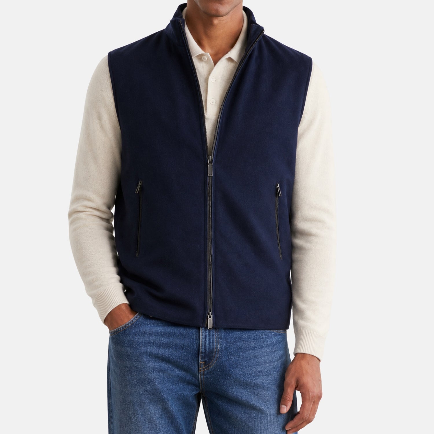 Loro Piana Tunari vest in navy vicuña, silk and cashmere blend