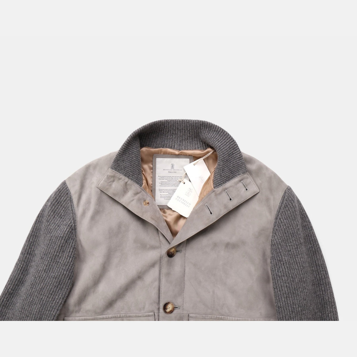 Brunello Cucinelli Suede Leather Cashmere Button Jacket Grey