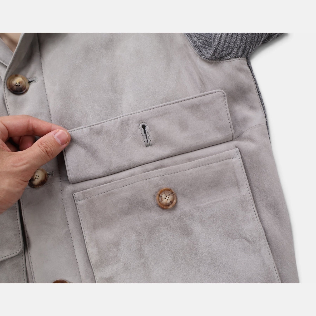 Brunello Cucinelli Suede Leather Cashmere Button Jacket Grey