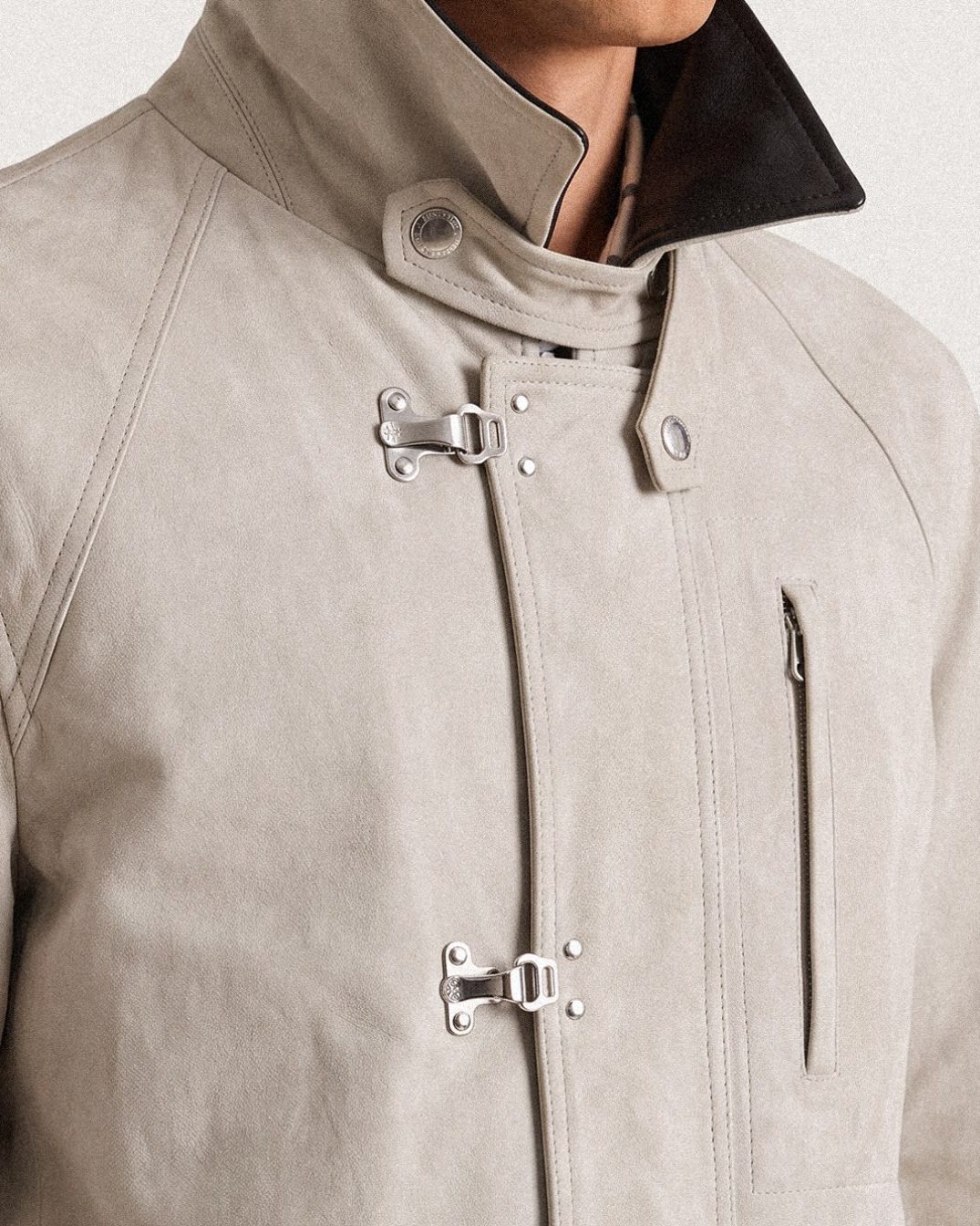 Suede jacket with fireman clasps, detail