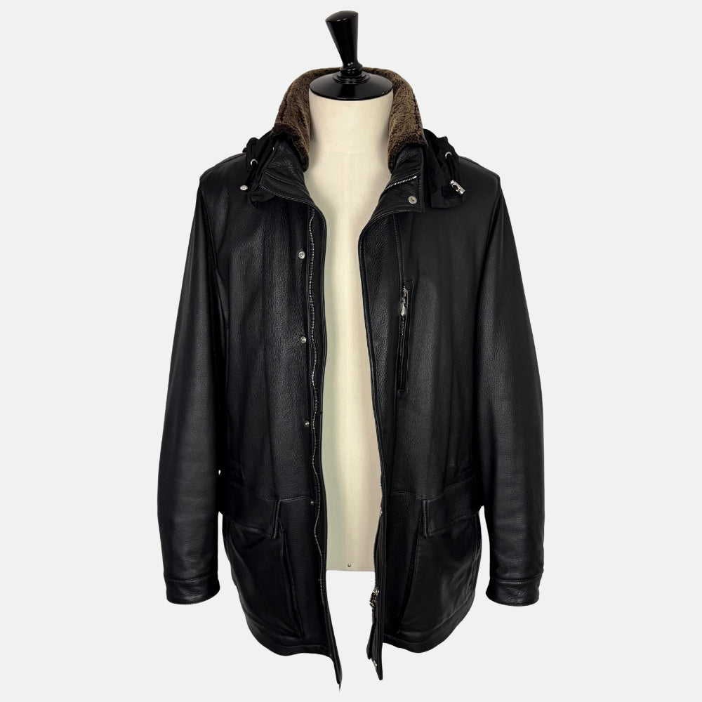 Black Deerskin Jacket with Shearling Collar