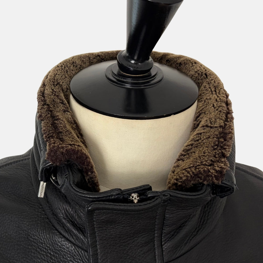 Black Deerskin Jacket with Shearling Collar